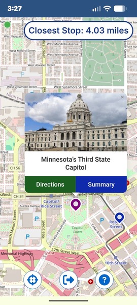 The Minnesota Then map interface, showing the capitol popup content marker