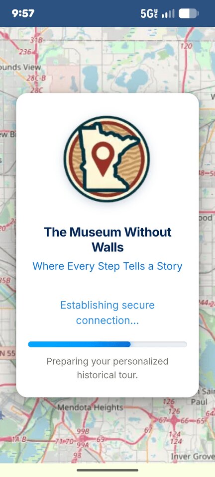 Museum Without Walls app interface showing map with location markers